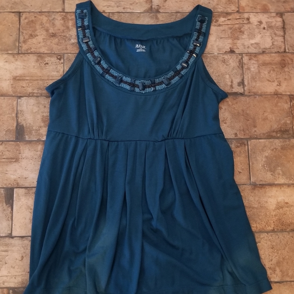 ANA Sz L Large Tank Top Teal with Beaded Detail & Tie in Back